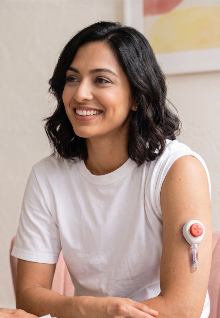 A woman at home wearing the Gini blood collection device on her upper arm